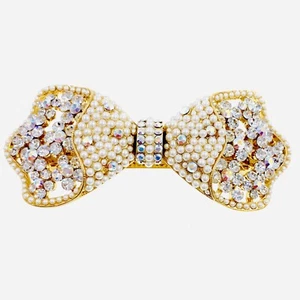 Pearl GLAM BOW BARRETTE Hair Clip Hairpin Rhinestone Crystal Elegant GOLD J50 - Picture 1 of 3