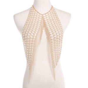 Handmade Pearl Bra Stitching Beading Metal Tassel Body Chain Necklace For Women