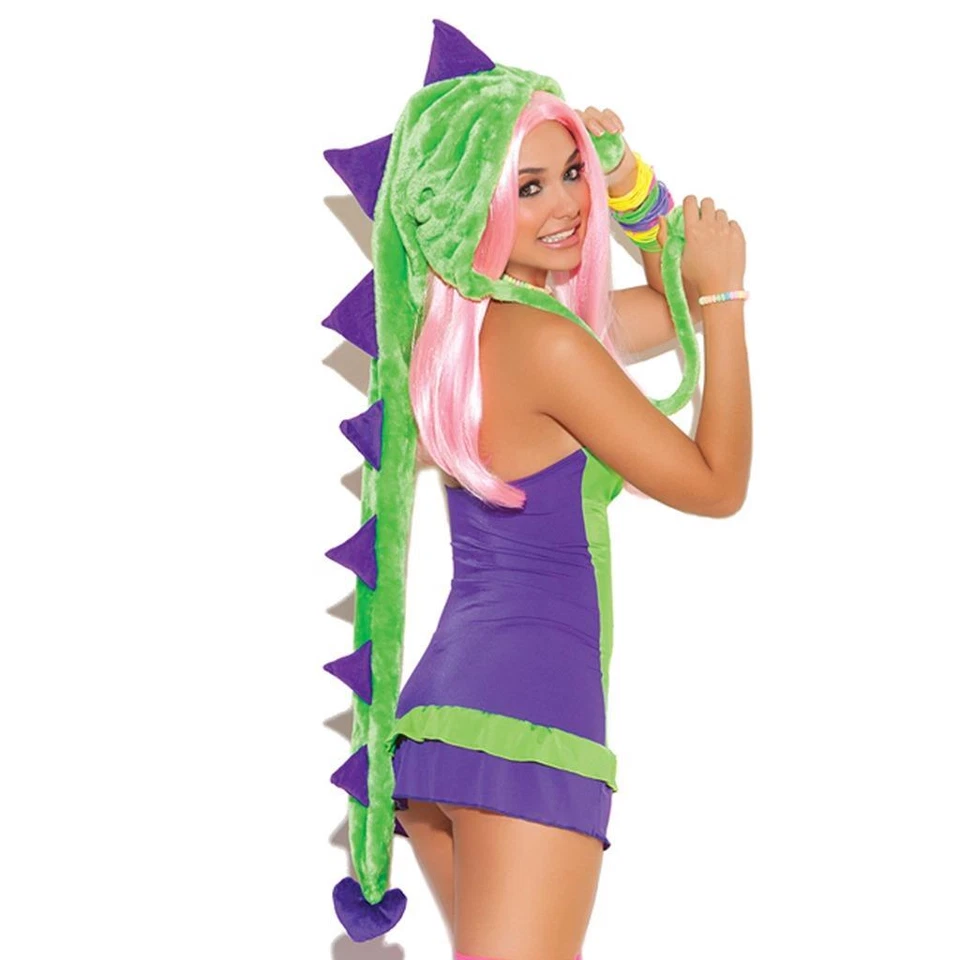 Disfraz de Dinosaurio Halter Vestido Capucha Cuernos Picos Dino Púrpura Verde 9066 Grande Foto 1 de 4