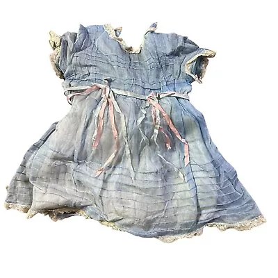 Antique Vintage Dress Blue Lace Trim Ribbon Detail Girl's Dress handmade 6-9 mo - Image 1 of 4
