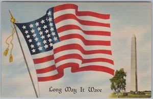 Postal de lino Long May It Wave bandera americana monumento a Washington - Imagen 1 de 2