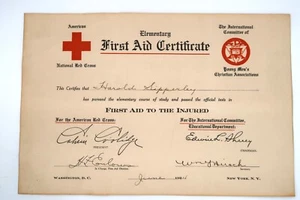 Antiguo certificado de primeros auxilios efímero de la Cruz Roja Americana YMCA Calvin Coolidge Sipperly - Imagen 1 de 9