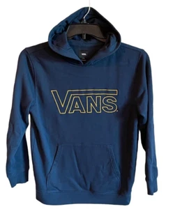 Vans SPELLOUT Long Sleeve Hoodie Sweatshirt Kangaroo Pocket SZ Large Y Navy Blue - Picture 1 of 9