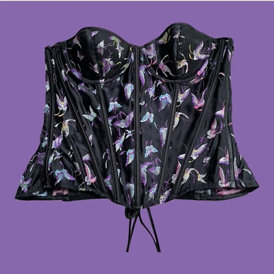90's Vtg Lingerie Metallic Butterfly Bustier Corset Top Purple Black Side Zip 36 - Image 1 of 4