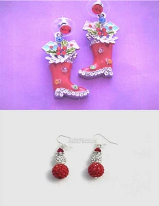 CRYSTAL EMBELLISHED SANTA RED BOOT/ SILVER/RED CHRISTMAS SNOWMAM DANGLE EARRINGS - Picture 1 of 12