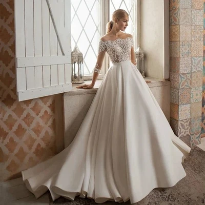 Luxury A-Line Satin Wedding Dresses Off The Shoulder Bridal  Mopping Length - Image 1 of 4