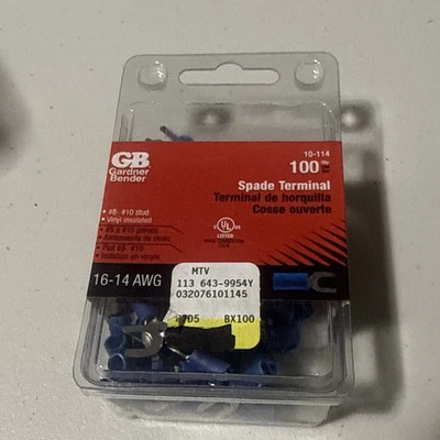 Pala terminal de cable Gardner Bender 10-114 16-14 AWG, perno talla 8-10, azul (paquete de 100) Foto 1 de 3
