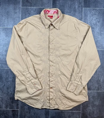 GUESS Button Up Shirt Men's Large Beige Embroidery Cotton Long Sleeve Collared - Image 1 of 4