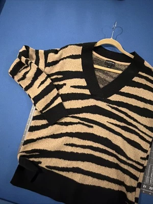 Длинный высокий Sally вязаный свитер женщин L черный / коричневый Tiger полоски v-образным вырезом Y2K - Изображение 1 из 4