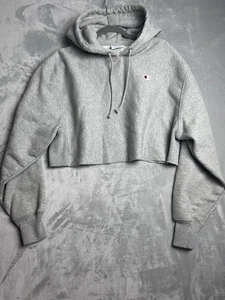 Champion Reverse Weave Cropped Hoodie Womens Large Gray Pullover Sweatshirt Y2K - Picture 1 of 13