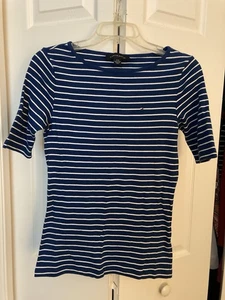 Tommy Hilfiger Women Elbow Sleeve Tee Blue White Striped Sz S - Picture 1 of 1