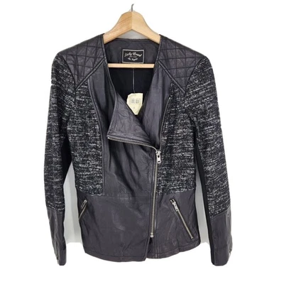 New Lucky Brand Womens Black Wool Tweed Knit Leather Moto Jacket Size Small - Image 1 of 3
