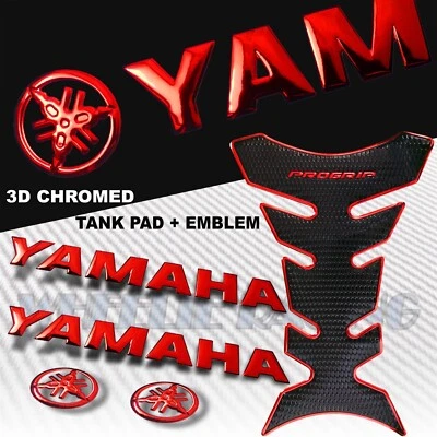 CHROME RED PRO GRIP FUEL TANK PAD+8"3D YAMAHA LOGO+LETTER FAIRING EMBLEM STICKER - Image 1 of 4