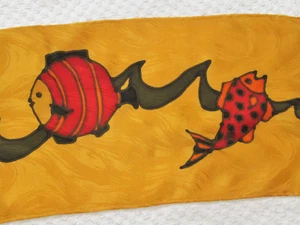 ART PRINT SILK SCARF FISH Gold Red Brown Hand-rolled Hem Designer Signed "Seld" - Picture 1 of 5