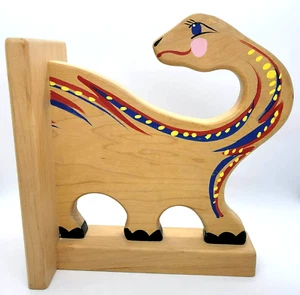 Dinosaur Bookend Dino Kids Room Decor Wooden Hand Painted Long Neck - Imagen 1 de 11