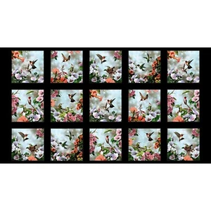 Elizabeths Studio – Dating Games – 24.25″ Hummingbirds Block Panel – Black - Picture 1 of 4