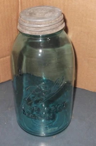 VINTAGE BALL PERFECT MASON OFFSET 1/2 GALLON BLUE GLASS CANNING JAR W/ LID #10 - Picture 1 of 6