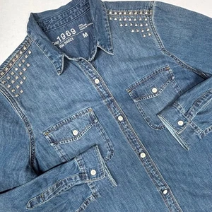 Camisa vaquera Gap 1969 tachonada estilo occidental mediana para mujer azul algodón - Imagen 1 de 7