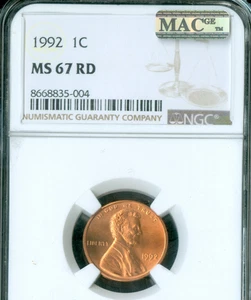 1992 LINCOLN CENT NGC MS67 RED PQ 2ND FINEST GRADE MAC SPOTLESS . - Picture 1 of 2