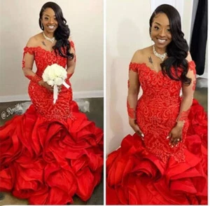 Luxury Red Mermaid Wedding Dresses Long Sleeve Ruffles Lace Beaded Bridal Gowns - Picture 1 of 12