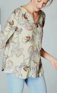 Top Jill Love Lino Amarillo Floral Cachemira Manga 3/4 Cuello en V Costero Mediano Nuevo con Etiquetas - Imagen 1 de 14