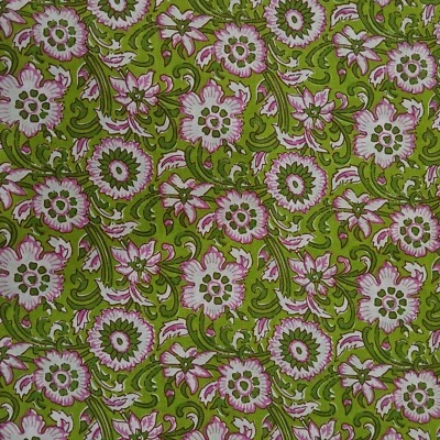Green Floral 5 Yard Cotton Fabric Sanganeri Print For Dressmaking 60x60 - Image 1 of 4