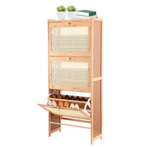 Rattan Shoe Cabinet With 3Flip Drawers Entryway Shoe Storage Rack Organizer US - Picture 1 of 14