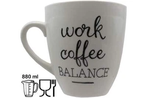Jumbo Tasse XXL 880 ml mit schwarzen Schriftzug "work coffee BALANCE" Keramik - Bild 1 von 7
