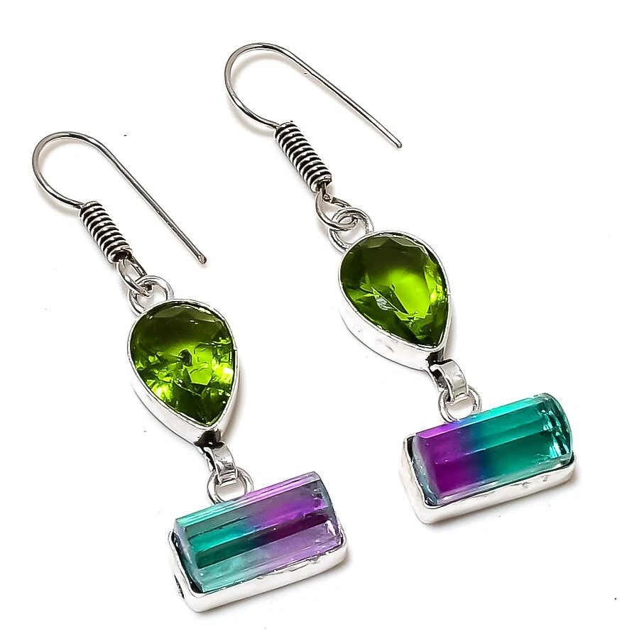 Pencil- Bi Color Tourmaline, Peridot Handmade Gift Jewelry Earring 2.17" KE-5 - Image 1 of 1