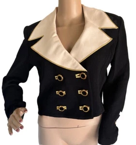 St John Knit Vtg Tan 80s Padded Shoulder Jet Black Nautical Gold Jacket Blazer - Picture 1 of 9