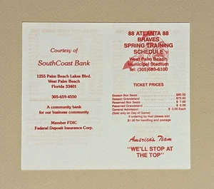 1988 Atlanta Braves Spring Training Baseball Pocket Schedule MLB ⚾️⚾️ - Picture 1 of 2