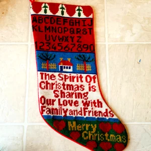 Christmas Stocking Sock Handmade sampler white vintage green blue Needlepoint - Picture 1 of 7