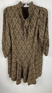 THML Anthropologie Womens Brown Geometric Print 3/4 Sleeve Tie Neck Size M - Picture 1 of 15