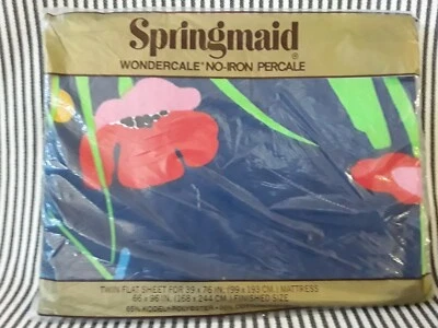 NEW NIP SEALED VTG SPRINGMAID TWIN FLAT SHEET SUMMER GARDEN TULIPS BLUE FLOWERS - Image 1 of 4