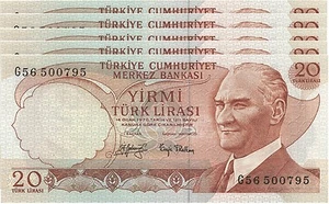 TURKEY 20 LIRA 1979 , UNC , BLACK SIGN , SERI - G - 5 PCS LOT P-187a  - Picture 1 of 2