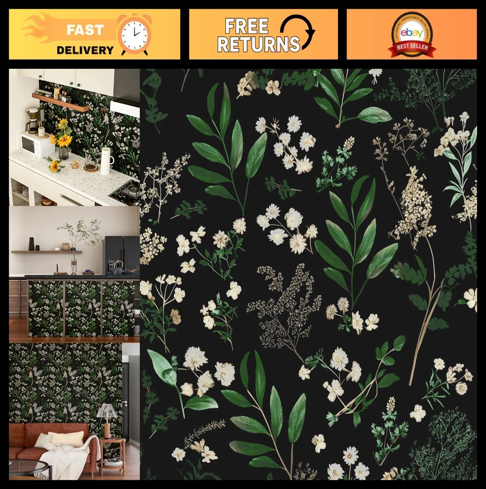 Papel Pintado Floral Oscuro Pelar y Pegar - Diseño Hoja Verde Vintage, Sel Impermeable Foto 1 de 4