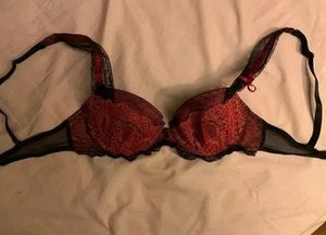 Chantelle 32c Balconette Demi Bra Black Red Lace - Picture 1 of 4