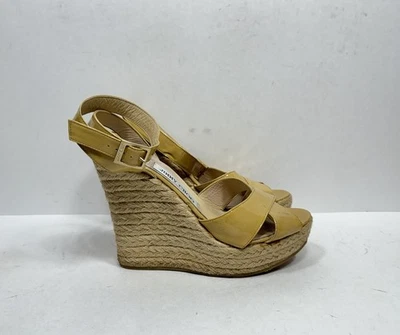 Alpargata de cuña Jimmy Choo Italia cuero beige punta abierta para mujer talla 7 tacones EE. UU. Foto 1 de 4