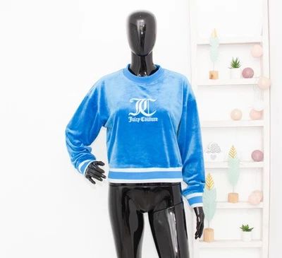 Juicy Couture Sport  Blue Soft Velvet Sweatshirt JC Embroidered Velour Cropped S - Image 1 of 4