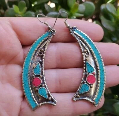 Orecchino vintage in argento con pendente a goccia, corallo e turchese,... - Immagine 1 di 4