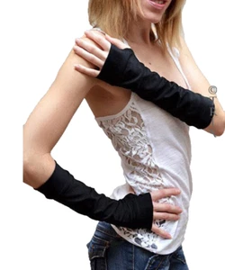 Black Fingerless Gloves Arm Covers Warmers Wet Look Nylon Anime Cosplay Costume - Picture 1 of 1