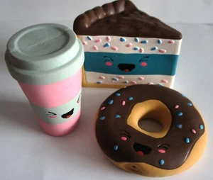 3 X LATEX SQUEAKY DOG TOYS TAKE AWAY COFFEE DONUT & SLICE OF CAKE SOFT & SQUEAKY - Picture 1 of 7