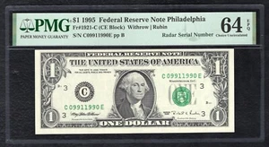 FR. 1921-C 1995 $1 FEDERAL RESERVE NOTE “RADAR S/N C09911990E” PMG UNC-64EPQ - Picture 1 of 2