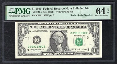 FR. 1921-C 1995 $1 FEDERAL RESERVE NOTE “RADAR S/N C09911990E” PMG UNC-64EPQ - Image 1 of 2