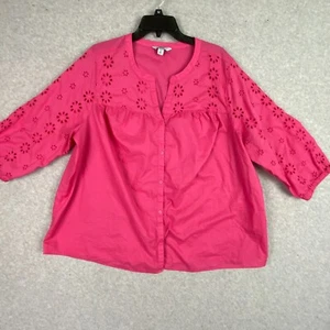 Croft & Barrow Top Womens 2X Pink Eyelet Button Front 3/4 Sleeve Cotton Blouse - Picture 1 of 12