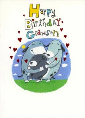 Tarjeta de cumpleaños familiar para perro abrazando su asistencia para nieto joven Foto 1 de 2