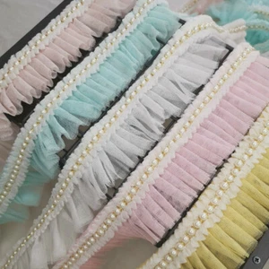 5M Lace Trim Collar Pleated Bead Ruffle Ribbon DIY Applique Tulle Sewing - Picture 1 of 19