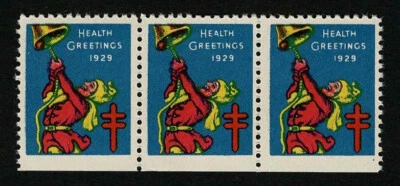 1929 WX49 Ringing Bell/Health Strip of 3 US Christmas Seals/Stamps Jumbo MNH - Image 1 of 2