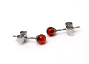 Amber Ball Stud Earrings Cognac 4mm Surgical Steel Hypoallergenic Genuine SMALL - Picture 1 of 2