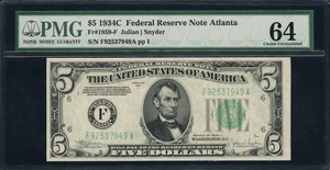 1934C $5 Atlanta Federal Reserve Note Julian / Snyder PMG Choice Uncirculated 64 - Picture 1 of 2
